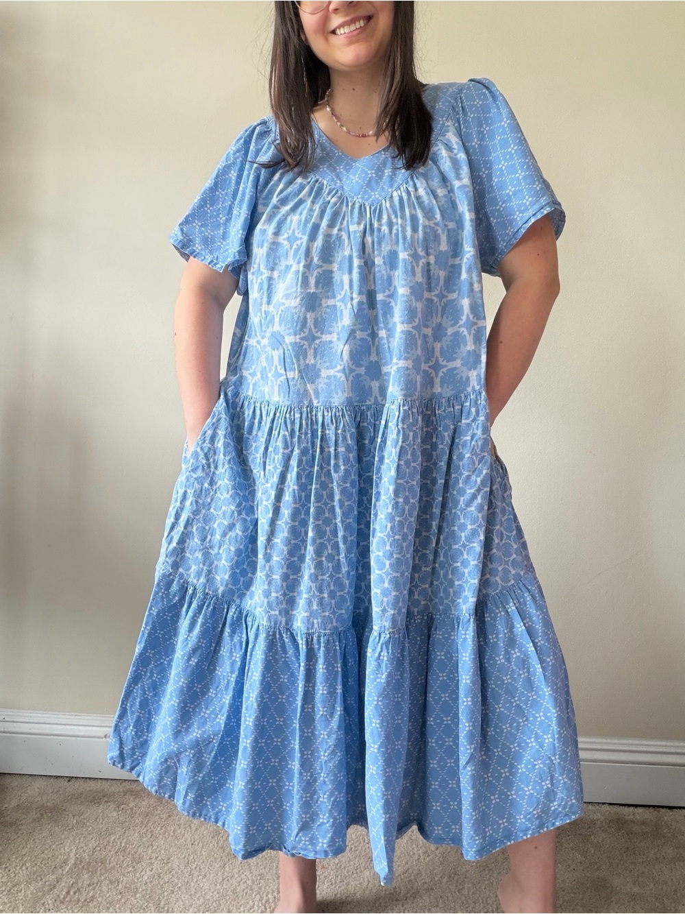 Only Necessities Light Blue Tiered Cotton Dress with Short Sleeves